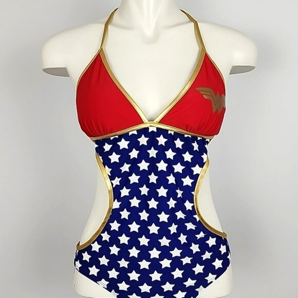 Wonder Woman One Piece DC Comics Red Blue Star Monokini Bathing Swimsuit Sz M - Picture 5 of 16